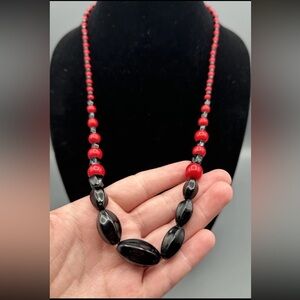 Vintage Black & Red Glass Beaded Necklace ~27” Box Clasp Unsigned *Some Chipped*